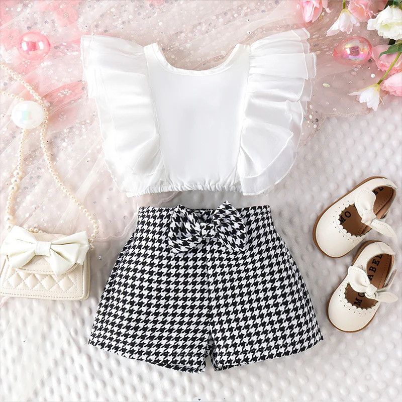 Davruna Baby Girls' Summer Fly Sleeve Tank Top and Checkered Houndstooth Shorts Set